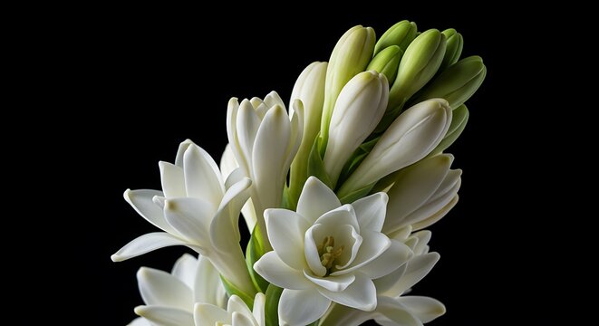 Close-up of a blooming white Tuberose flower with green buds against a black background