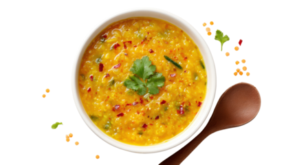 Delicious yellow lentil soup garnished with herbs in a white bowl on a white background.