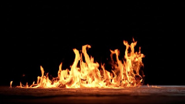 Flames leap from a dark ground Vivid orange and yellow hues contrast with the black background