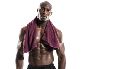 Fit man with towel after workout, confident pose, isolated on white background.