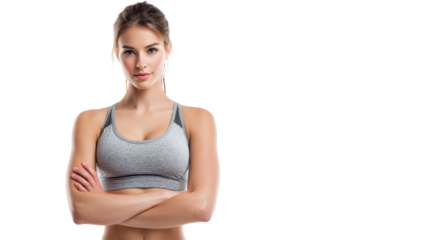 Fit woman in athletic wear with arms crossed, focused expression, isolated on white background.