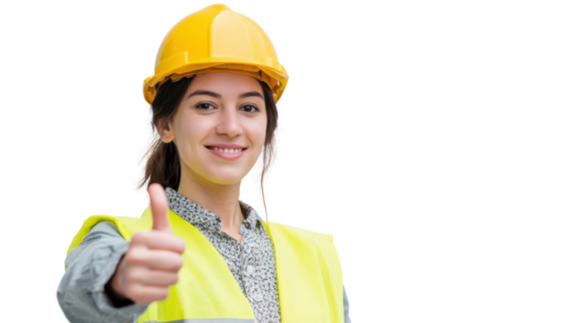 Female construction worker wearing a hard hat and safety vest, showing a thumbs up on a white isolated background.
