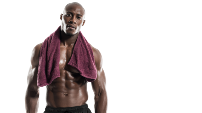 Fit man with towel after workout, confident pose, isolated on white background. - Powered by Adobe