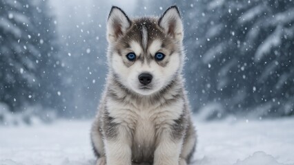 Naklejka premium Adorable husky puppy in snow