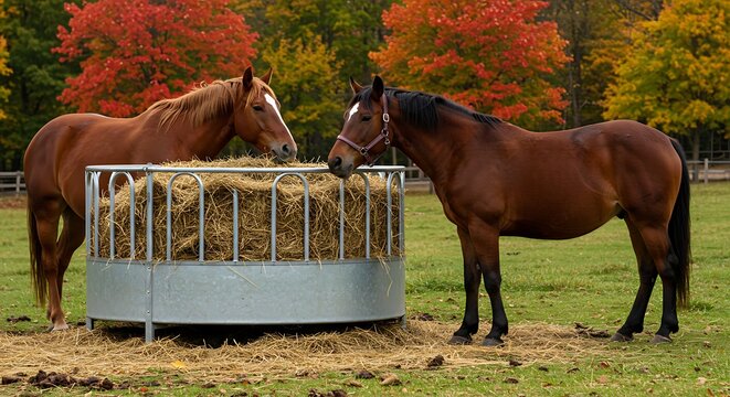 Two horses grazing near hay feeder in outdoor environment with autumnal foliage