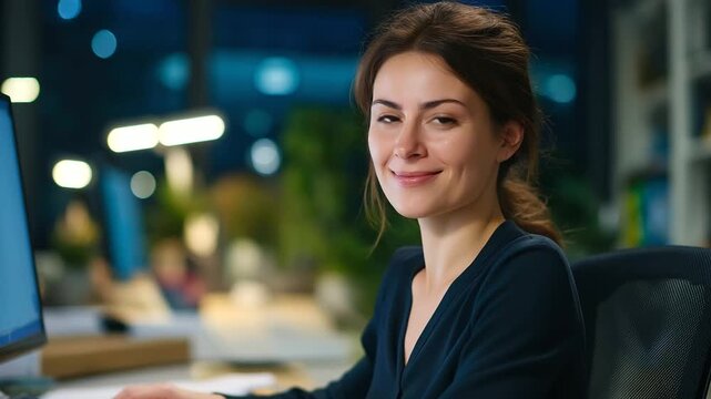 A female realtor seated at her computer in a well lit office digital property listings glowing on the screen posture professional as she types notes background decorated with