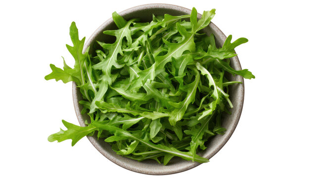 Fresh green arugula leaves in a round bowl, ideal for healthy salads or garnishes, isolated on white background.