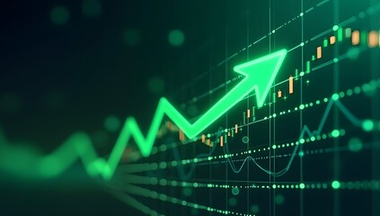 A glowing upward arrow representing stock market growth, in a futuristic digital style, with green neon lights, clean composition and no text. AI-Generated!