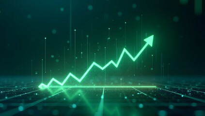 A glowing upward arrow representing stock market growth, in a futuristic digital style, with green neon lights, clean composition and no text. AI-Generated!