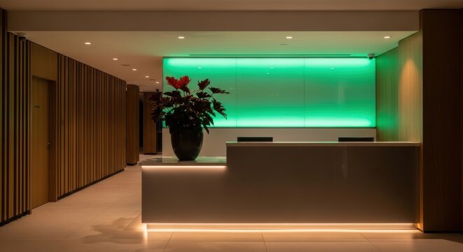 Modern hotel lobby reception area with green lighting and elegant plant decor