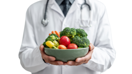 Fresh vegetables held by a doctor promoting healthy eating and nutrition for better health.