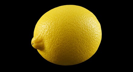 Close-up of a bright yellow lemon with textured peel against a black background