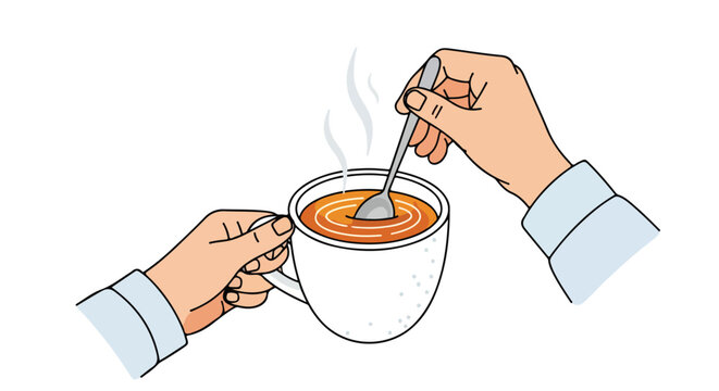 hands stirring coffee in white mug clip art preview