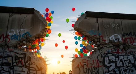 Colorful balloons rising between graffiti-covered concrete wall at sunset