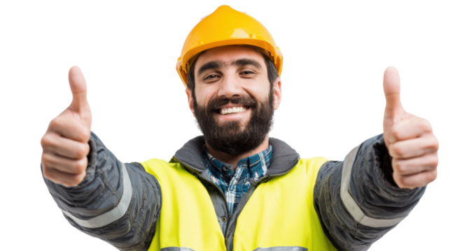 Happy construction worker showing thumbs up, wearing helmet and safety vest, isolated on white background. - Powered by Adobe