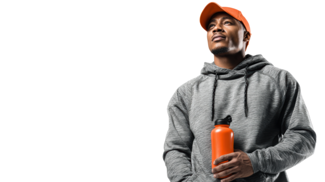 Man with orange water bottle wearing gray hoodie and cap, isolated on white background.