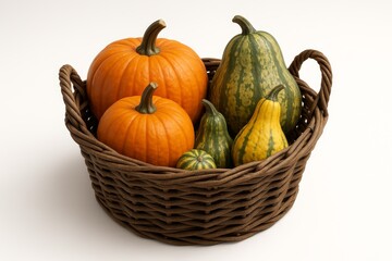 Basket filled with various pumpkins and gourds, showcasing fall harvest colors in orange, green, and yellow.