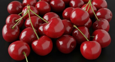 Freshness of summer: close up view of delicious red cherries on black background