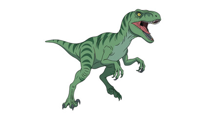 A ferocious green dinosaur with sharp teeth and claws roars.
