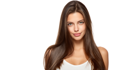 Portrait of a confident young woman with long hair, isolated on a white background.