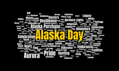 Alaska Day Word Cloud in Bold Typography on Black Background