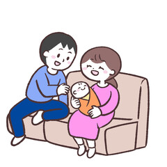 赤ちゃんを抱いてソファーに座る夫婦のイラスト