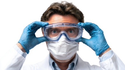 Scientist adjusting protective goggles in a laboratory, wearing a mask and gloves, focused expression.