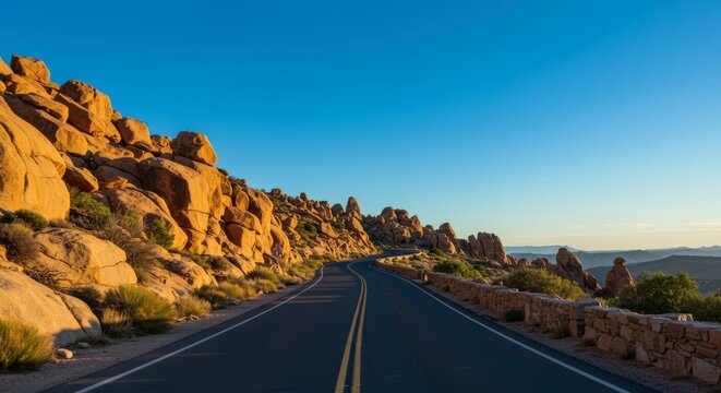 Scenic road winding through rocky landscape under a clear blue sky with warm sunlight creating contrast