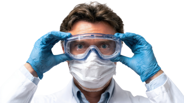 Scientist adjusting protective goggles in a laboratory, wearing a mask and gloves, focused expression.