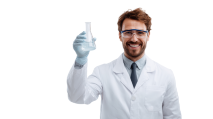 Scientist in lab coat holding flask, smiling, isolated on white background.