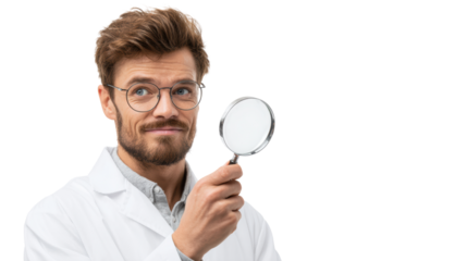 Scientist observing with a magnifying glass, isolated on white background.