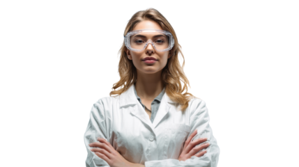 Scientist with glasses and lab coat, confidently standing with arms crossed.