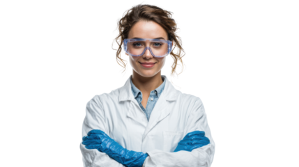 Scientist woman in white lab coat and protective glasses, smiling confidently.