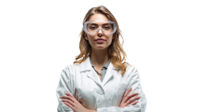Scientist with glasses and lab coat, confidently standing with arms crossed.