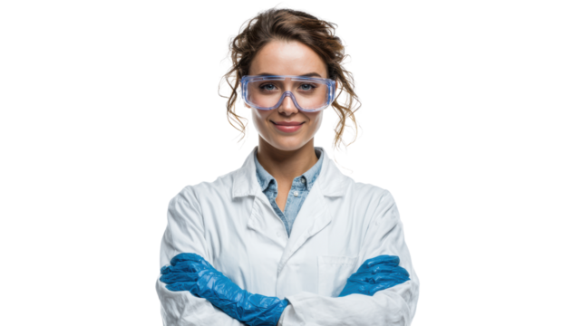 Scientist woman in white lab coat and protective glasses, smiling confidently.
