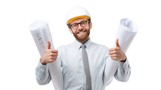 Smiling architect with blueprints, wearing hard hat and glasses, thumbs up on white isolated background.