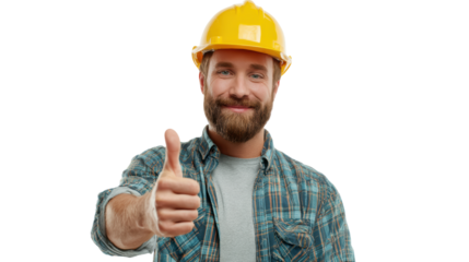 Smiling man in a construction helmet gives a thumbs-up gesture, isolated on white background.