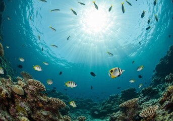 Fototapeta premium Many colorful fishes around coral reef in blue transparent shallow water