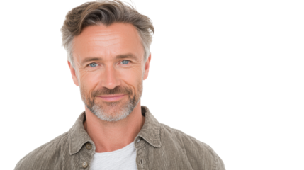 Smiling man with gray hair and beard, isolated on a white background.