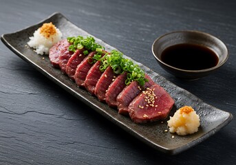Sliced beef tataki dish