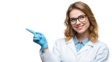 Smiling woman in lab coat with protective gloves, pointing to the side, isolated on white background.