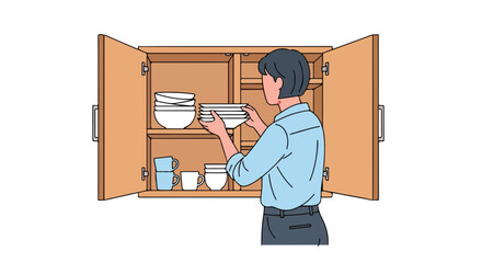 A woman arranges dinnerware in a kitchen cabinet, meticulously placing plates and bowls. Domestic scene depicting organization and everyday chores