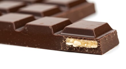 Close-up of a broken dark chocolate bar with a creamy, nutty filling