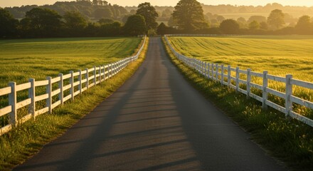 Fototapeta premium Scenic rural road flanked by white fences leading toward the horizon with vibrant green fields and warm sunlight