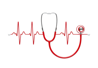 Vibrant red medical stethoscope, silver ear tubes, white ear tips, tubing mimics ECG heartbeat waveform on transparent background. Concept of cardiac health and medical precision