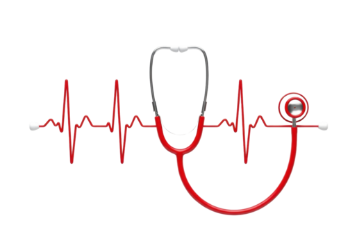 Vibrant red medical stethoscope, silver ear tubes, white ear tips, tubing mimics ECG heartbeat waveform on transparent background. Concept of cardiac health and medical precision - Powered by Adobe