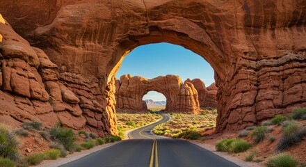 Scenic view of a desert landscape with natural rock formations forming an arch and a road leading into the distance
