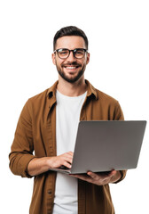 Young caucasian man, dark hair, beard, glasses, smiling, holding open grey laptop, transparent studio background, copy space, concept of modern remote work.