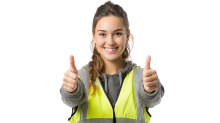 Smiling young woman in a safety vest giving thumbs up on a transparent background.