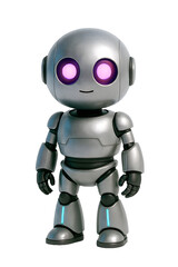 cartoon robot, silver robot, glowing robot, robot with purple eyes, friendly robot, smiling robot, robot character, robot mascot, robot for kids, robot for education, robot for entertainment, robot fo